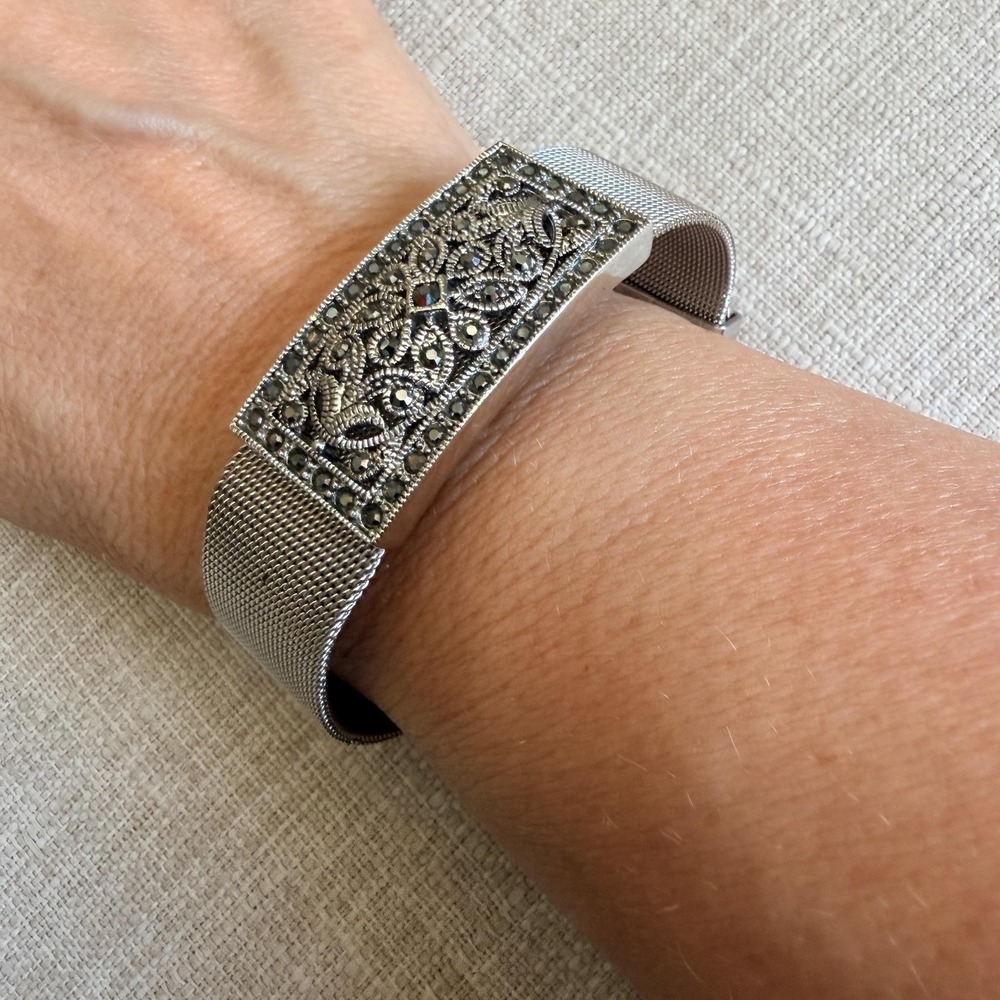Silver Tone Marcasite Filigree Mesh Cuff Bracelet 9" Floral ID Buckle Statement